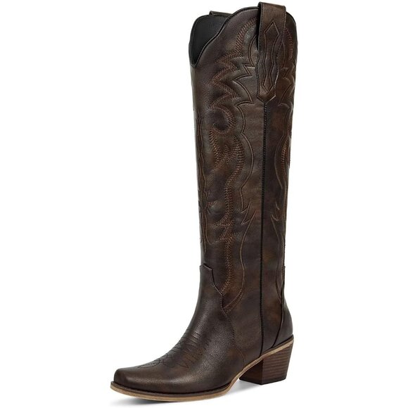 ⚡Womens Dark Brown Polyurethane Cowboy Knee High Pointed Toe Chunky Heel Boots - Picture 1 of 6